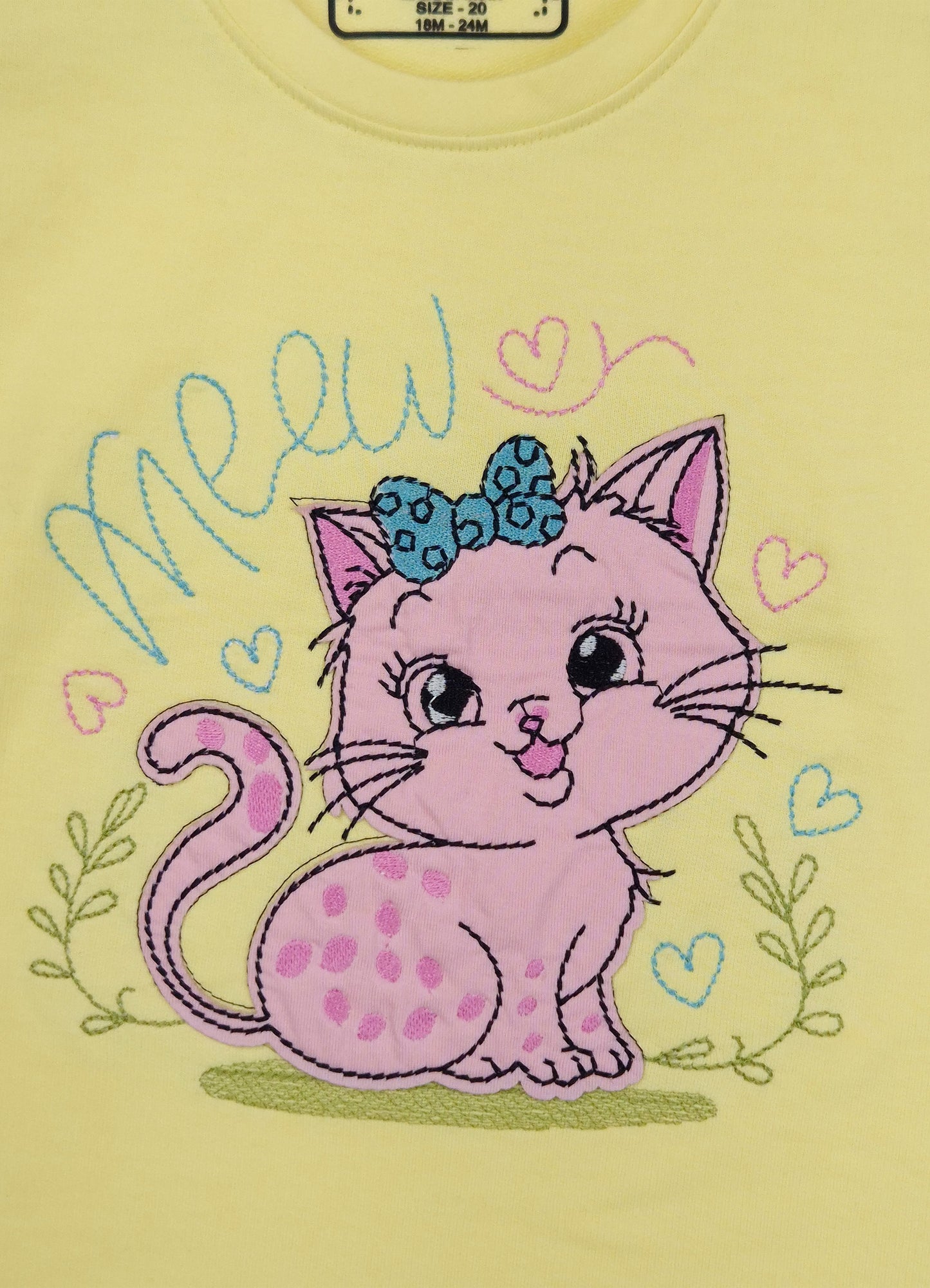 YB - 2503 - Yellow - Cotton terry 220-230 gsm Biowash Fabric with cat embroidery work