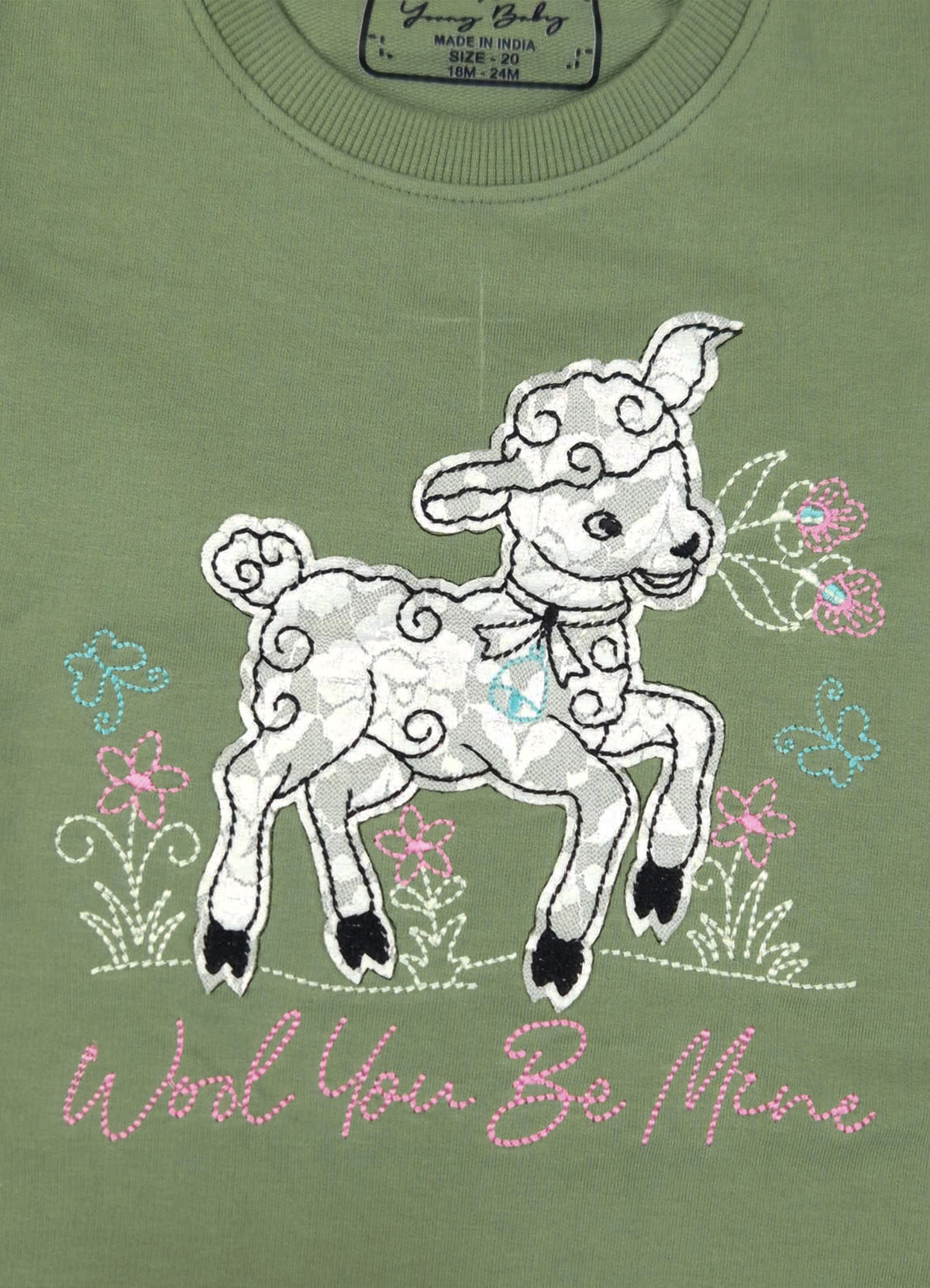 YB - 2501 - Green - Cotton terry 220-230 gsm Biowash Fabric with Deer embroidery work