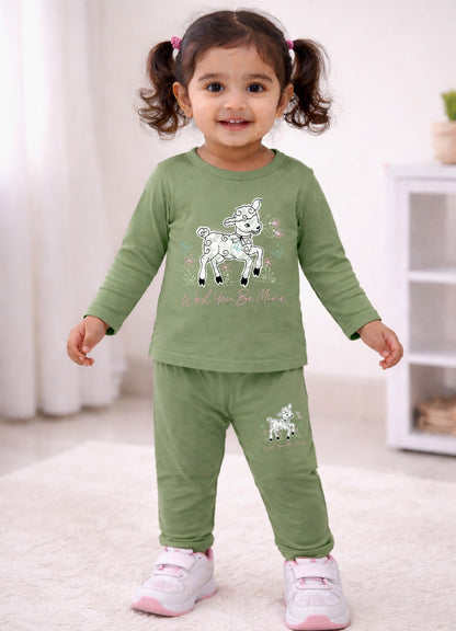 YB - 2501 - Green - Cotton terry 220-230 gsm Biowash Fabric with Deer embroidery work