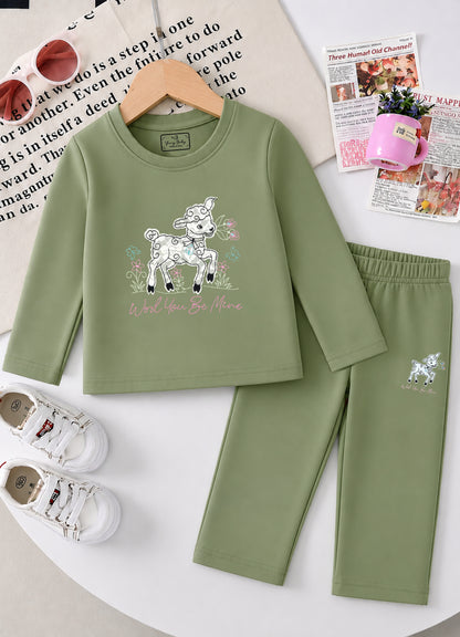 YB - 2501 - Green - Cotton terry 220-230 gsm Biowash Fabric with Deer embroidery work