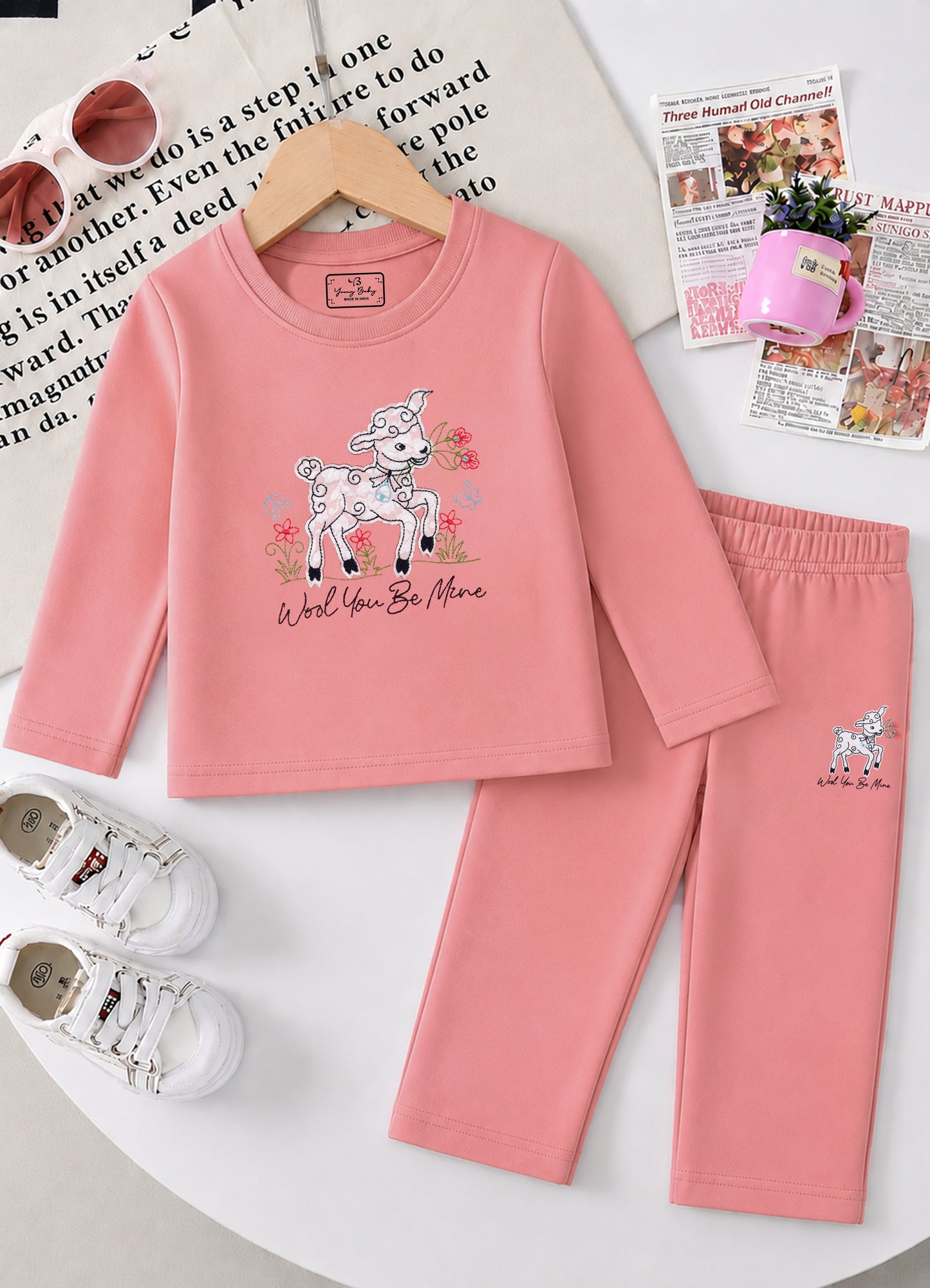 YB - 2501 - Peach - Cotton terry 220-230 gsm Biowash Fabric with Deer embroidery work