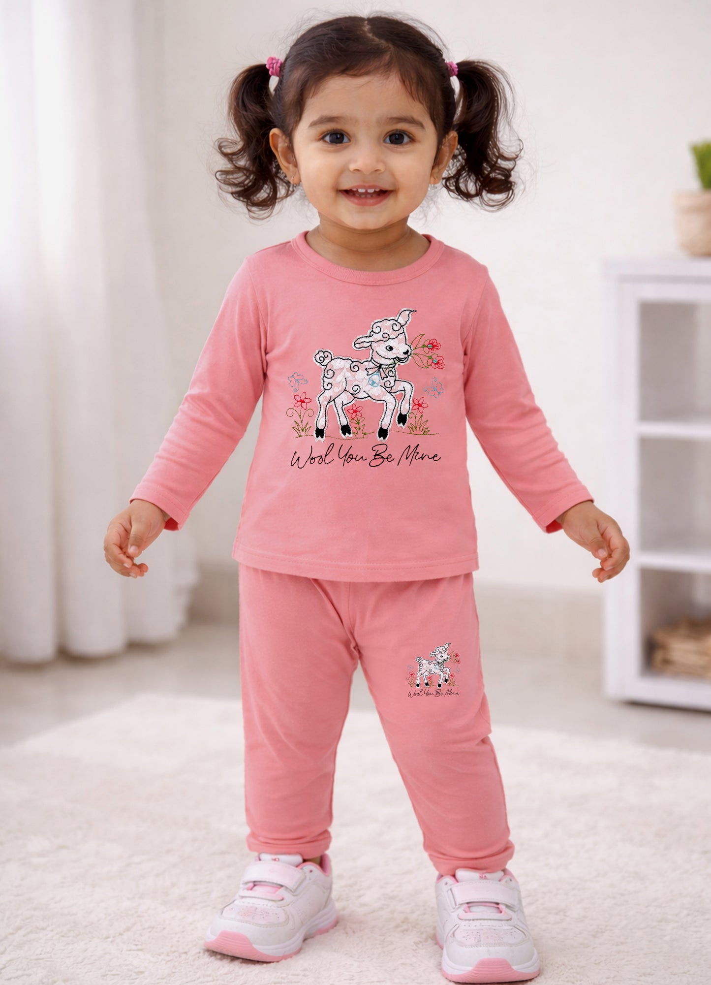 YB - 2501 - Peach - Cotton terry 220-230 gsm Biowash Fabric with Deer embroidery work