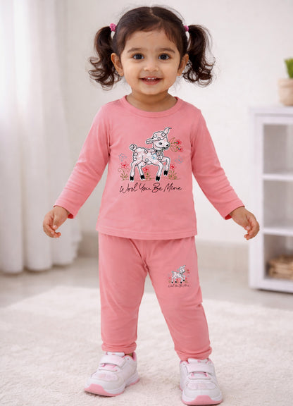 YB - 2501 - Peach - Cotton terry 220-230 gsm Biowash Fabric with Deer embroidery work