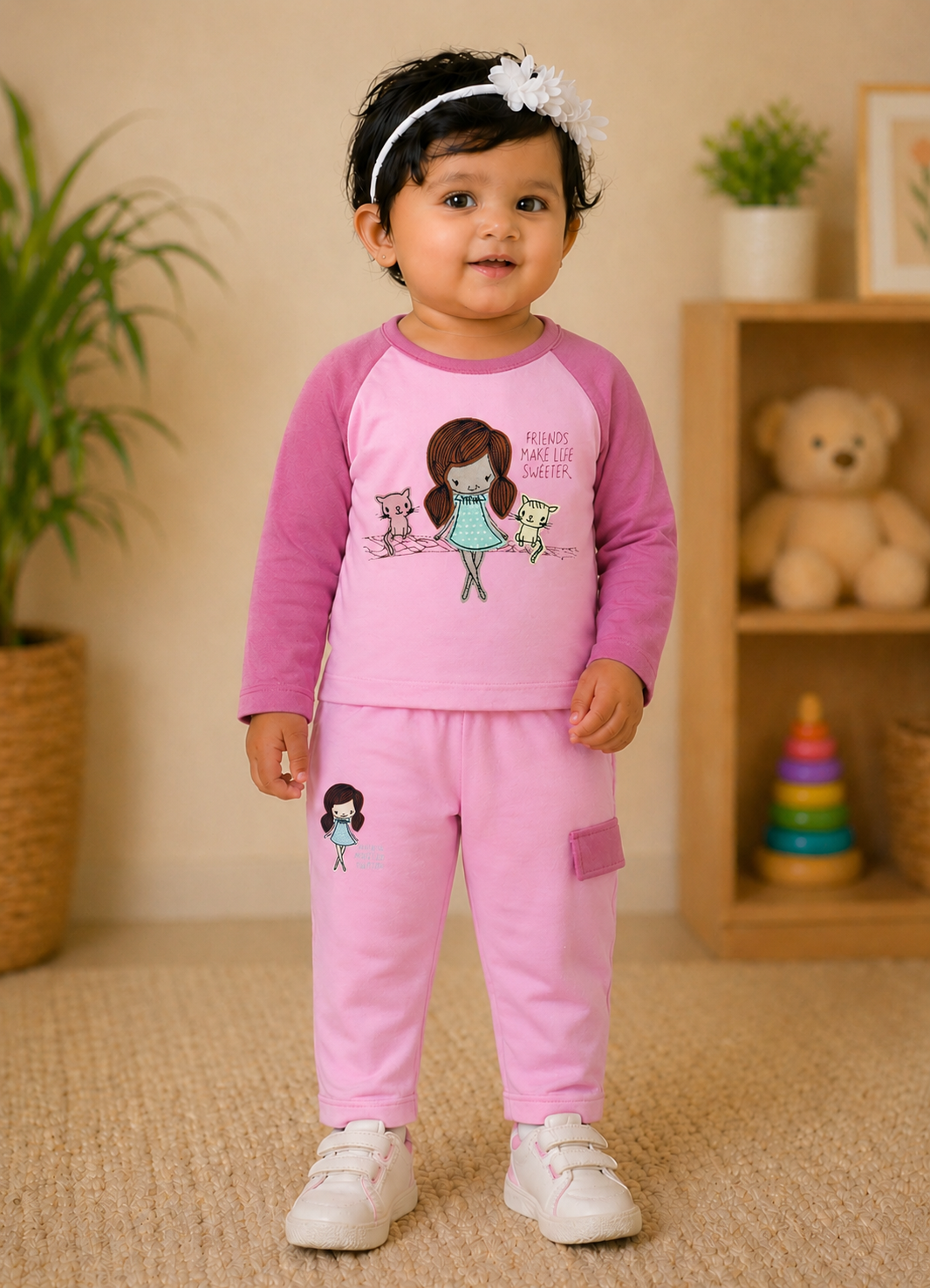 YB - 2502 - Pink - Cotton terry 220-230 gsm Biowash Fabric with Doll embroidery work