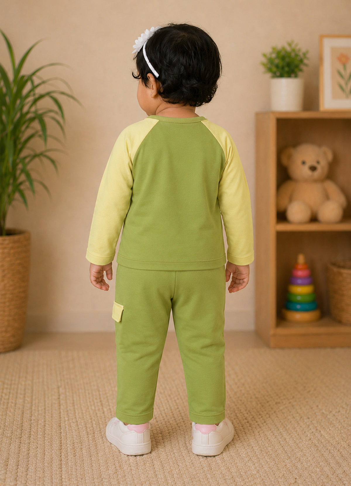 YB - 2502 - Green - Cotton terry 220-230 gsm Biowash Fabric with Doll embroidery work