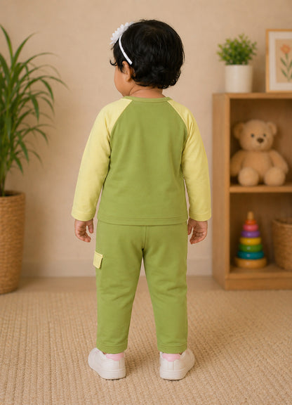 YB - 2502 - Green - Cotton terry 220-230 gsm Biowash Fabric with Doll embroidery work