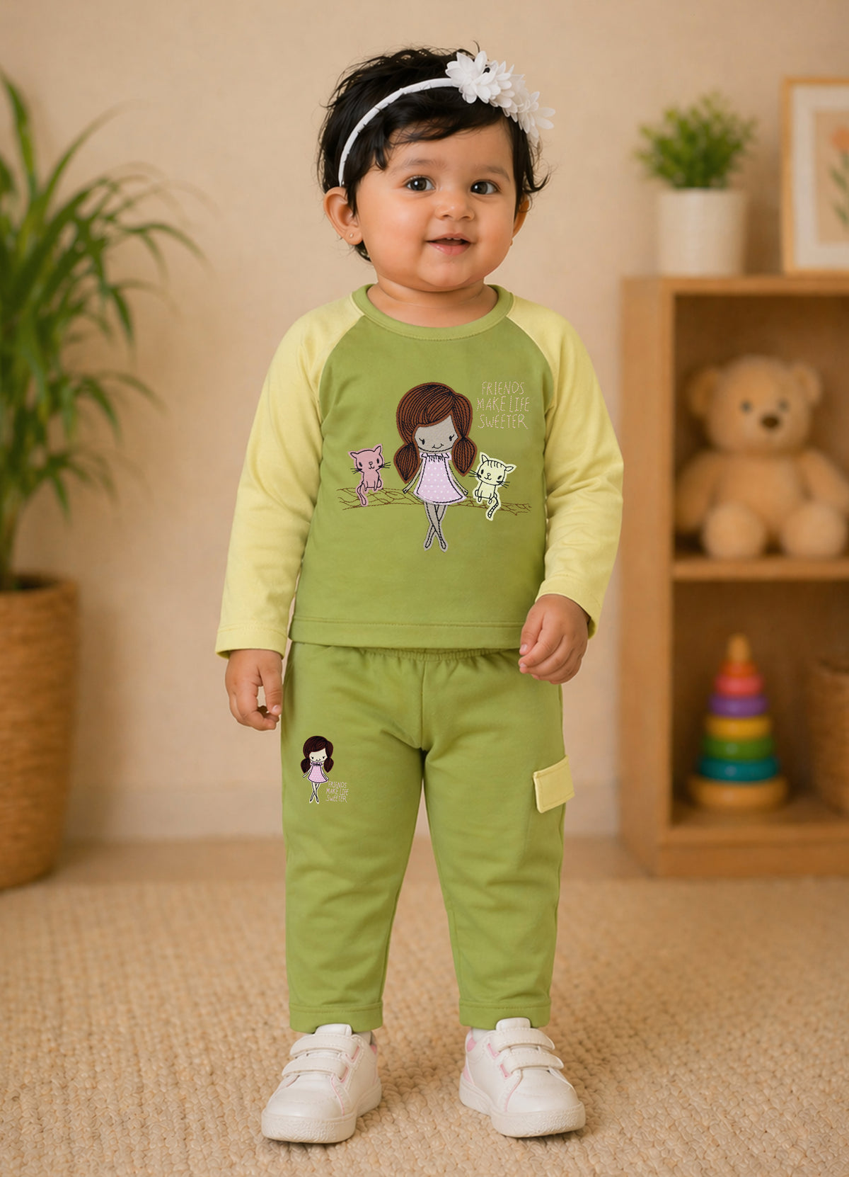 YB - 2502 - Green - Cotton terry 220-230 gsm Biowash Fabric with Doll embroidery work