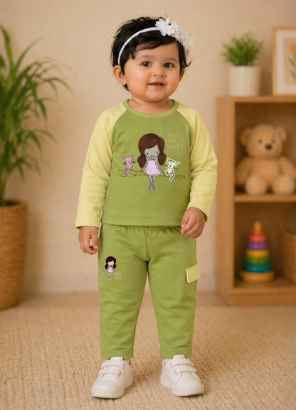 YB - 2502 - Green - Cotton terry 220-230 gsm Biowash Fabric with Doll embroidery work