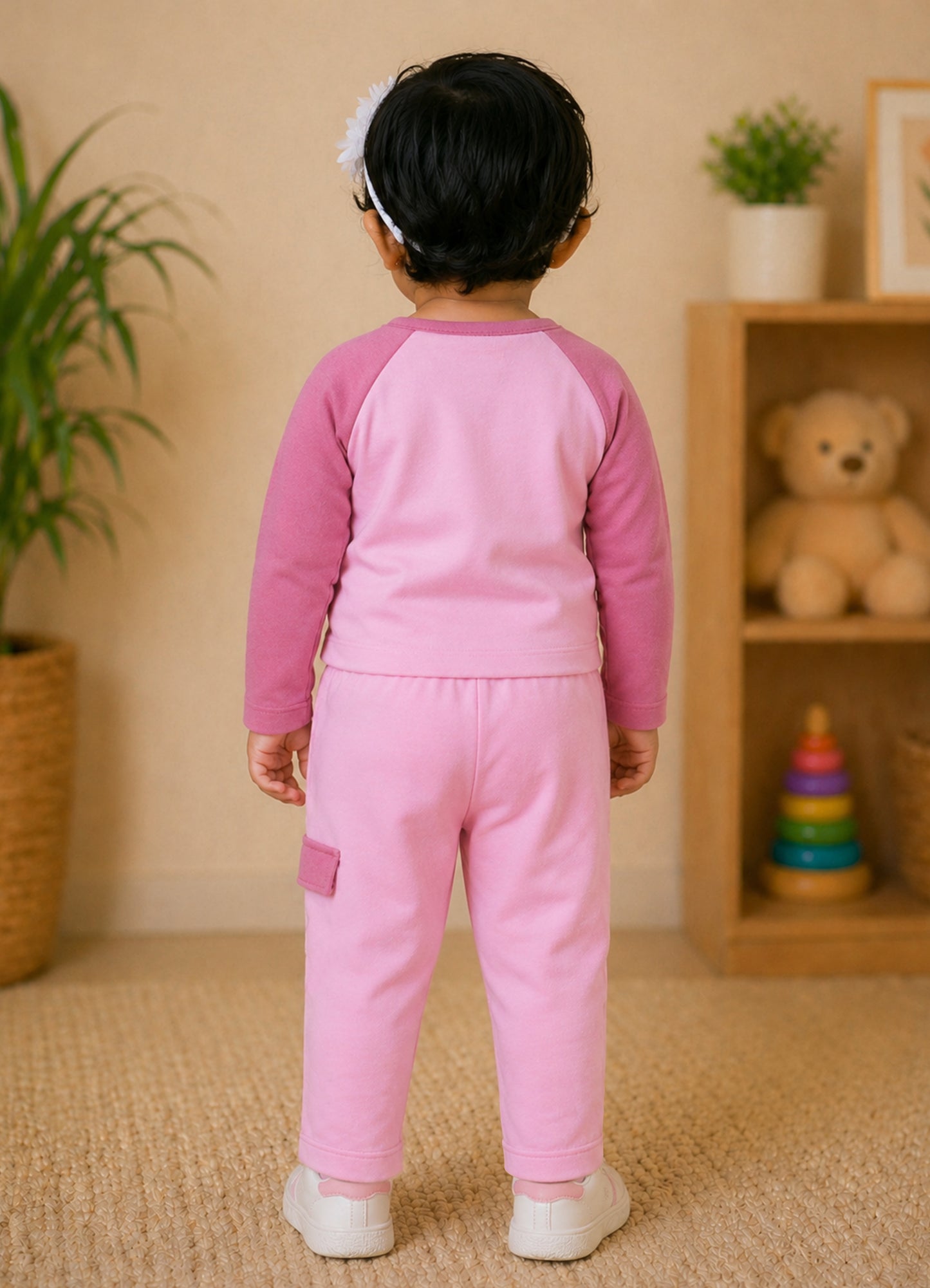 YB - 2502 - Pink - Cotton terry 220-230 gsm Biowash Fabric with Doll embroidery work