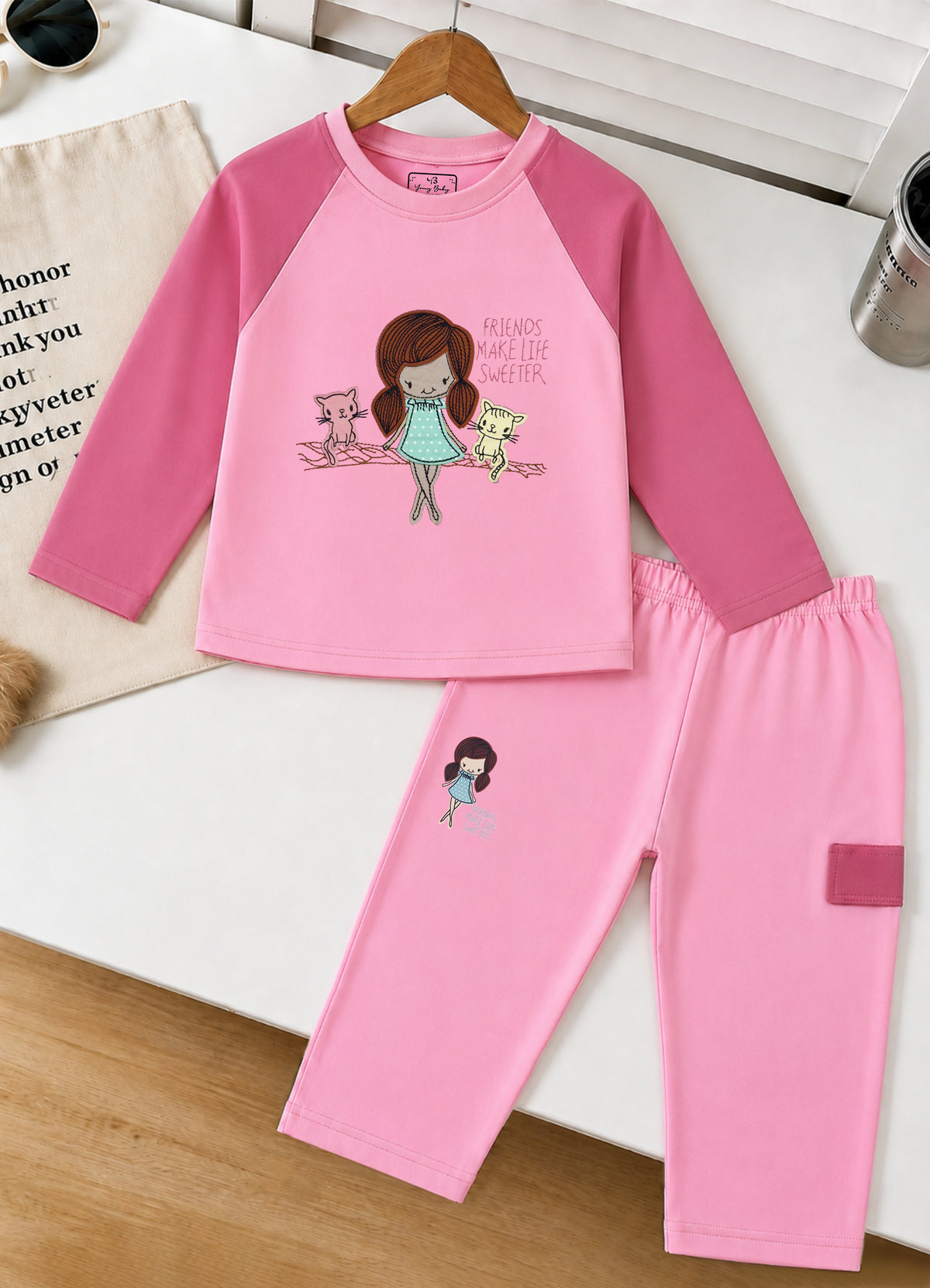 YB - 2502 - Pink - Cotton terry 220-230 gsm Biowash Fabric with Doll embroidery work