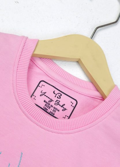 YB - 2502 - Pink - Cotton terry 220-230 gsm Biowash Fabric with Doll embroidery work