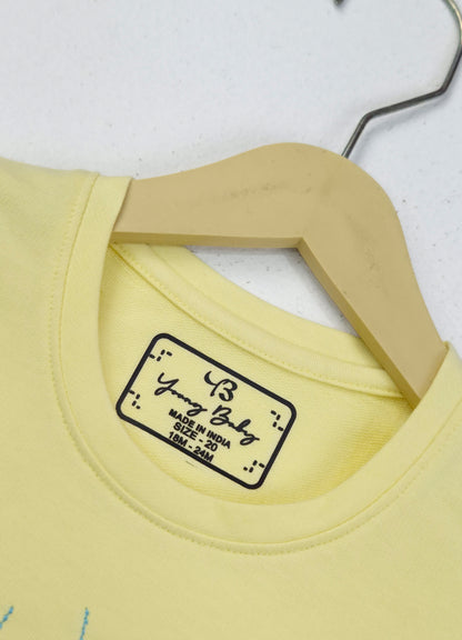 YB - 2503 - Yellow - Cotton terry 220-230 gsm Biowash Fabric with cat embroidery work
