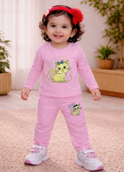 YB - 2503 - Pink - Cotton terry 220-230 gsm Biowash Fabric with cat embroidery work