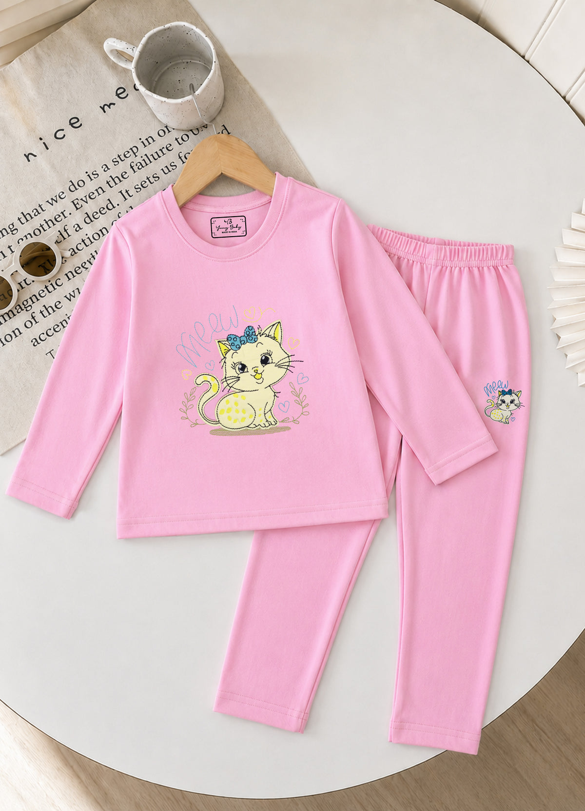 YB - 2503 - Pink - Cotton terry 220-230 gsm Biowash Fabric with cat embroidery work