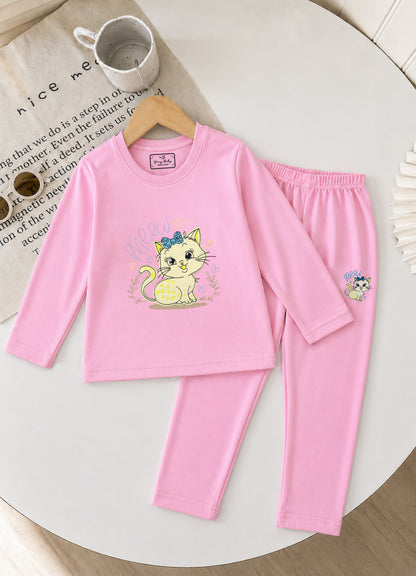 YB - 2503 - Pink - Cotton terry 220-230 gsm Biowash Fabric with cat embroidery work