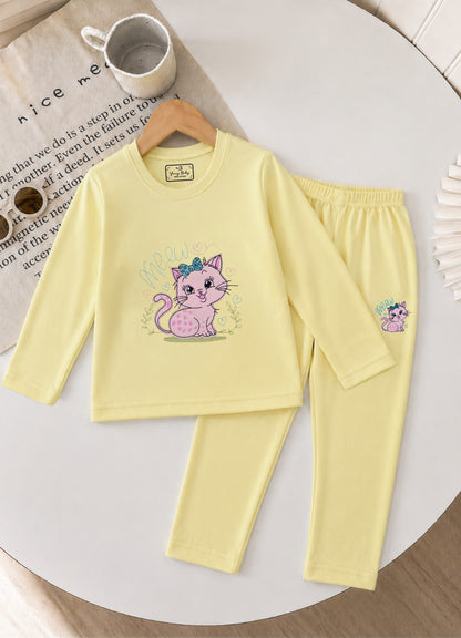 YB - 2503 - Yellow - Cotton terry 220-230 gsm Biowash Fabric with cat embroidery work