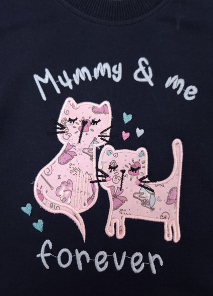YB - 2506 - Navy Blue - Cotton Terry 220-230 gsm Biowash with print and cat Embroidery