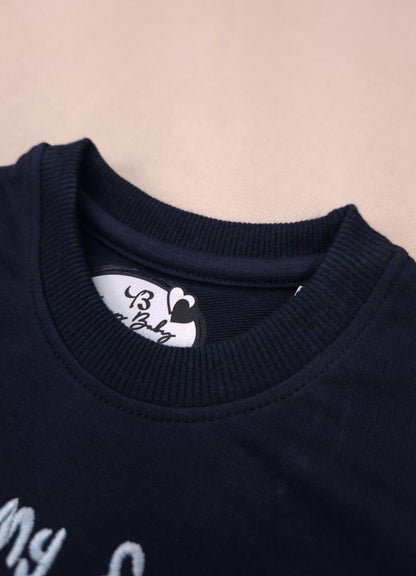 YB - 2506 - Navy Blue - Cotton Terry 220-230 gsm Biowash with print and cat Embroidery