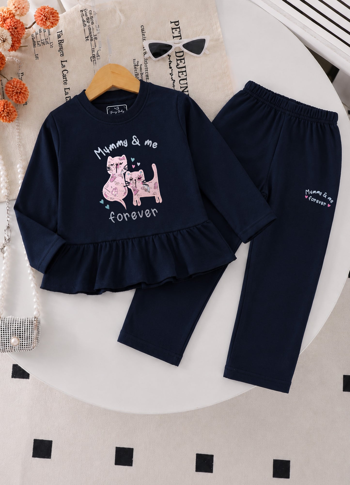 YB - 2506 - Navy Blue - Cotton Terry 220-230 gsm Biowash with print and cat Embroidery