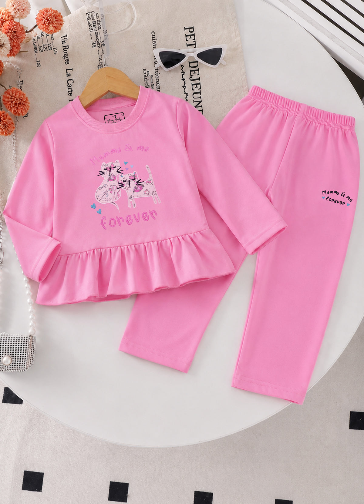 YB - 2506 - Pink - Cotton Terry 220-230 gsm Biowash with print and cat Embroidery