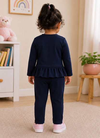 YB - 2506 - Navy Blue - Cotton Terry 220-230 gsm Biowash with print and cat Embroidery
