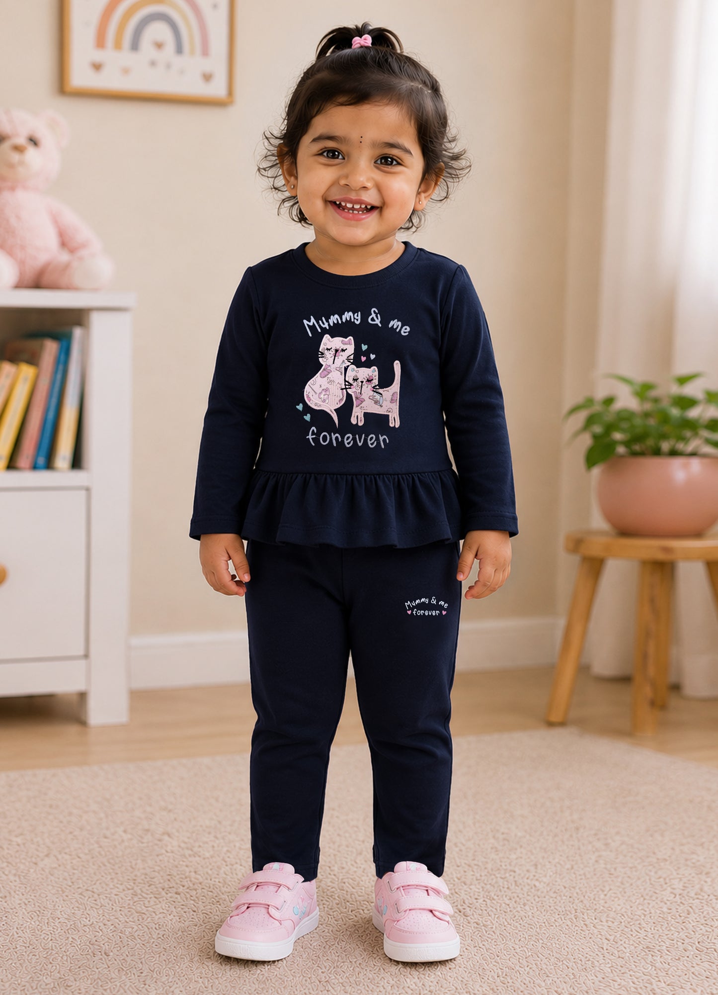YB - 2506 - Navy Blue - Cotton Terry 220-230 gsm Biowash with print and cat Embroidery