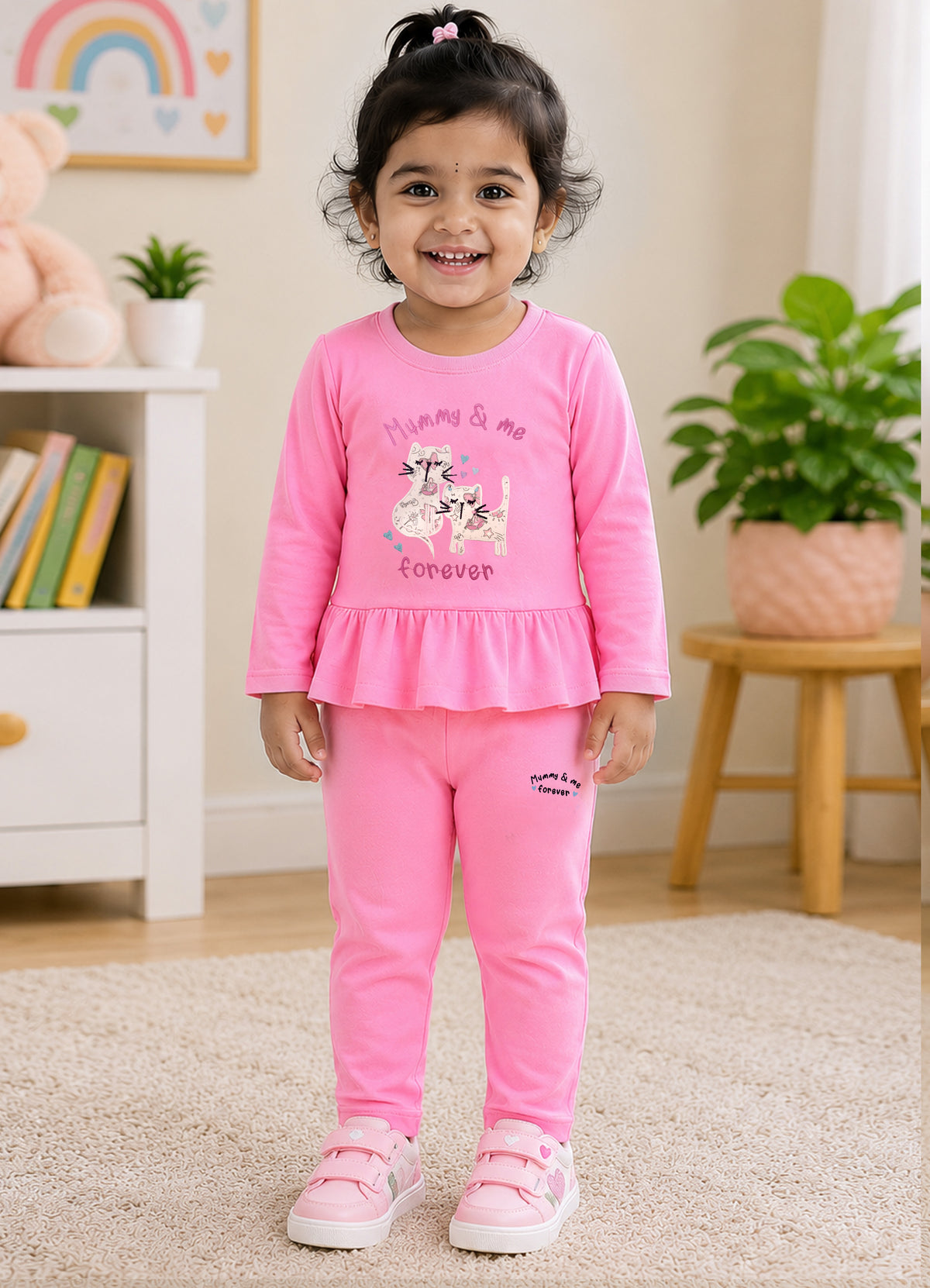 YB - 2506 - Pink - Cotton Terry 220-230 gsm Biowash with print and cat Embroidery