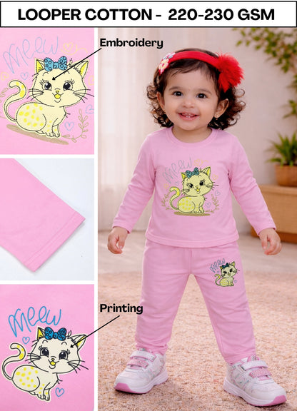 YB - 2503 - Pink - Cotton terry 220-230 gsm Biowash Fabric with cat embroidery work
