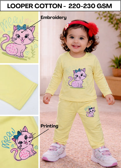 YB - 2503 - Yellow - Cotton terry 220-230 gsm Biowash Fabric with cat embroidery work