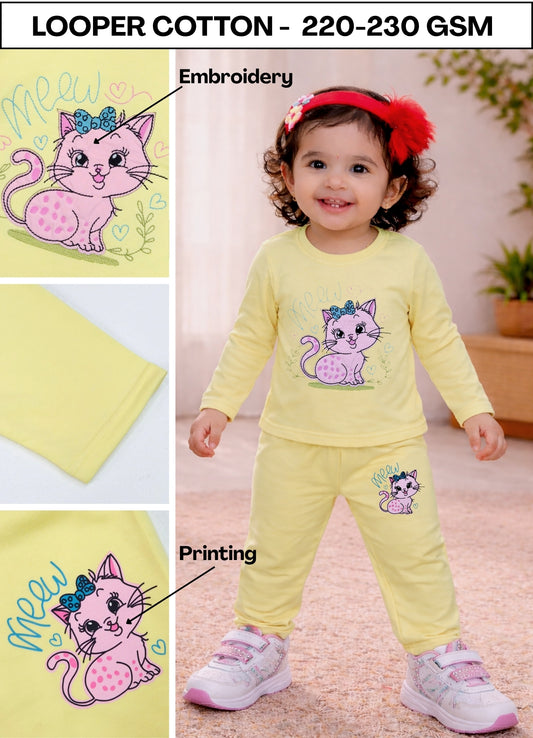 YB - 2503 - Yellow - Cotton terry 220-230 gsm Biowash Fabric with cat embroidery work