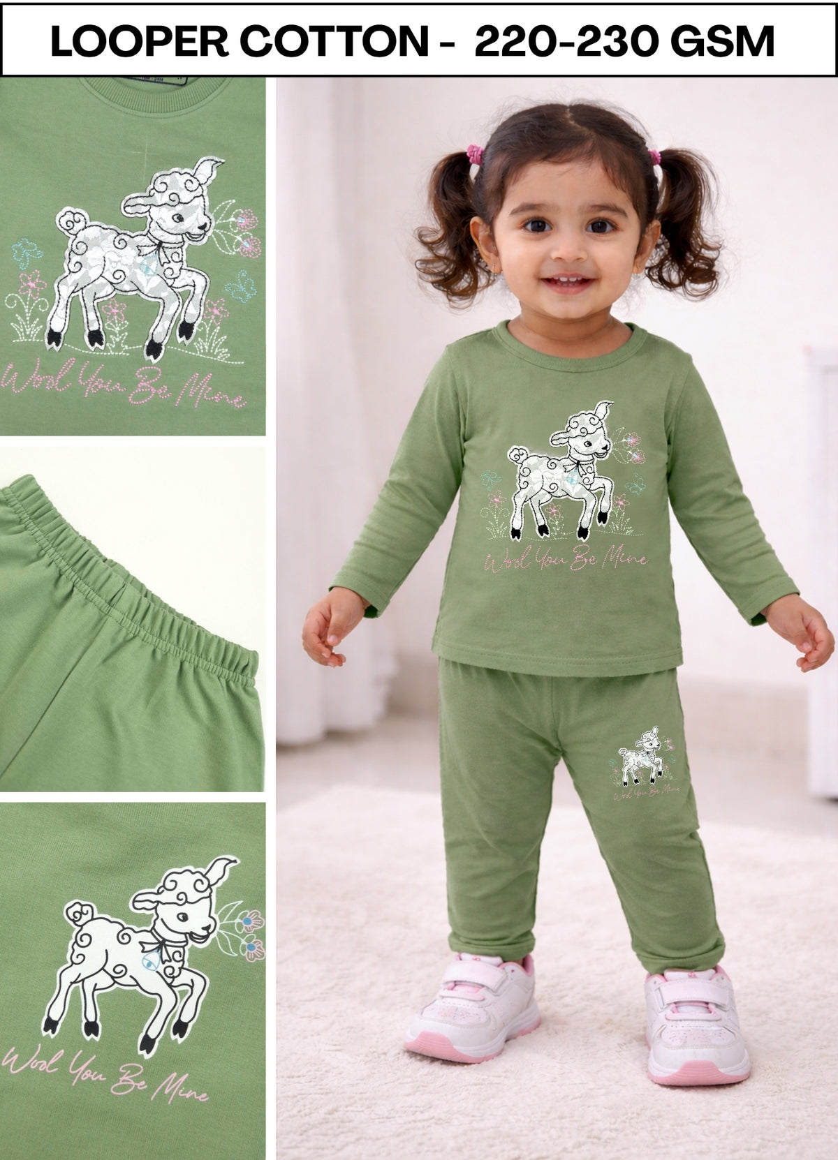 YB - 2501 - Green - Cotton terry 220-230 gsm Biowash Fabric with Deer embroidery work