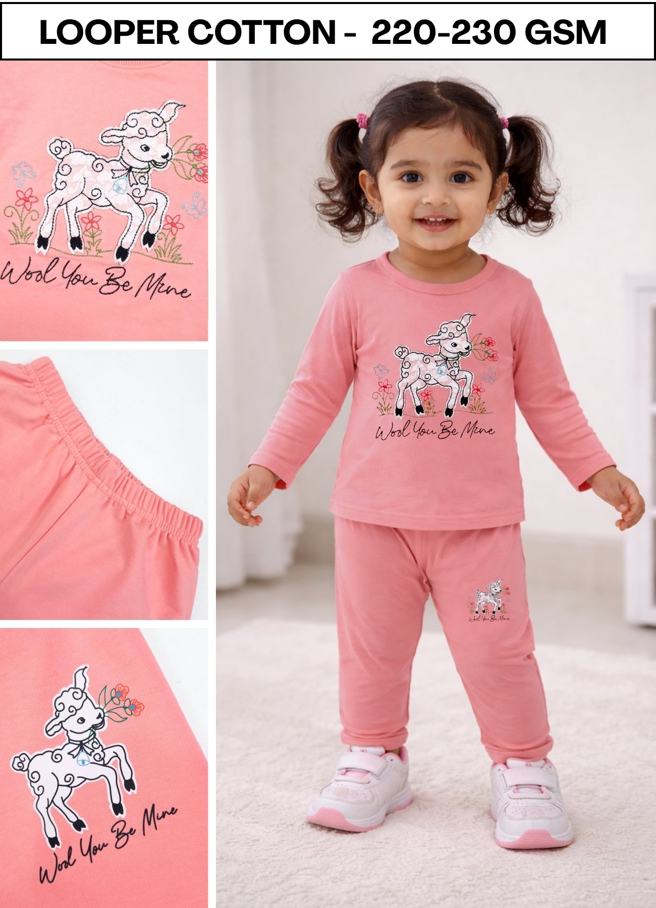 YB - 2501 - Peach - Cotton terry 220-230 gsm Biowash Fabric with Deer embroidery work