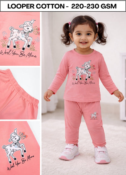 YB - 2501 - Peach - Cotton terry 220-230 gsm Biowash Fabric with Deer embroidery work