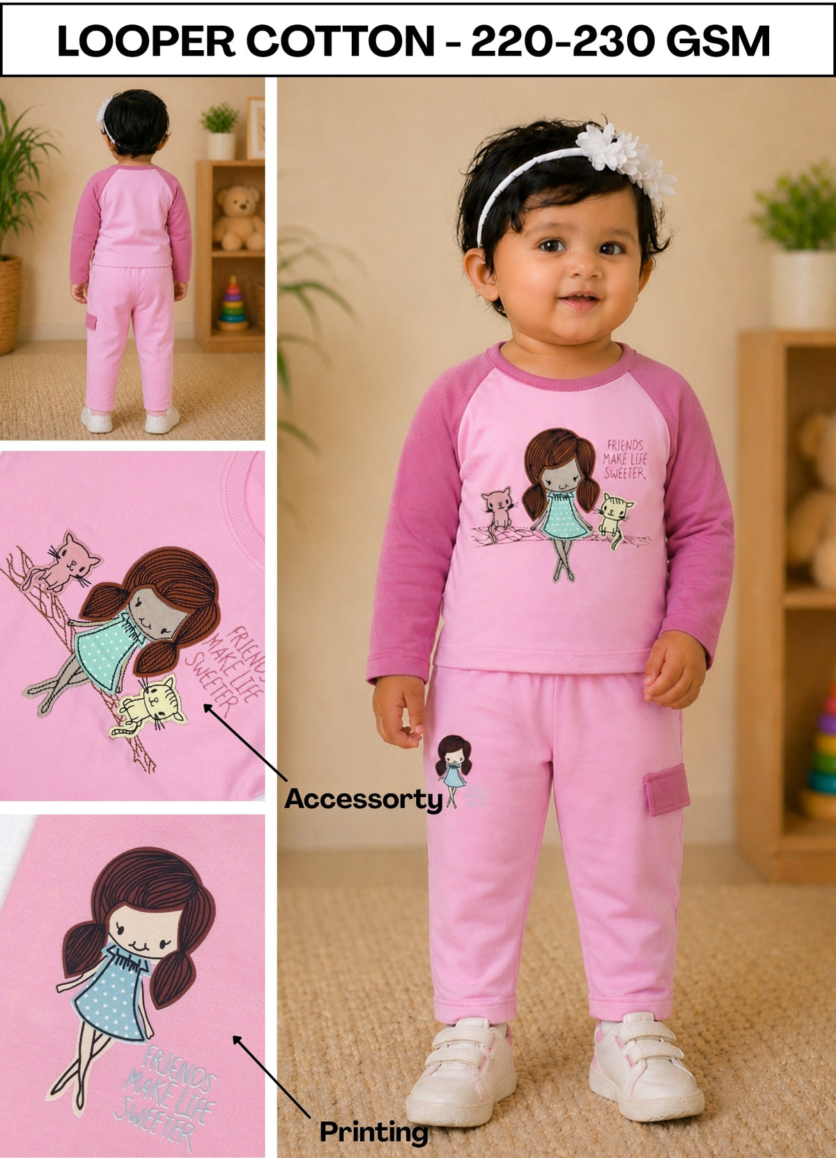 YB - 2502 - Pink - Cotton terry 220-230 gsm Biowash Fabric with Doll embroidery work
