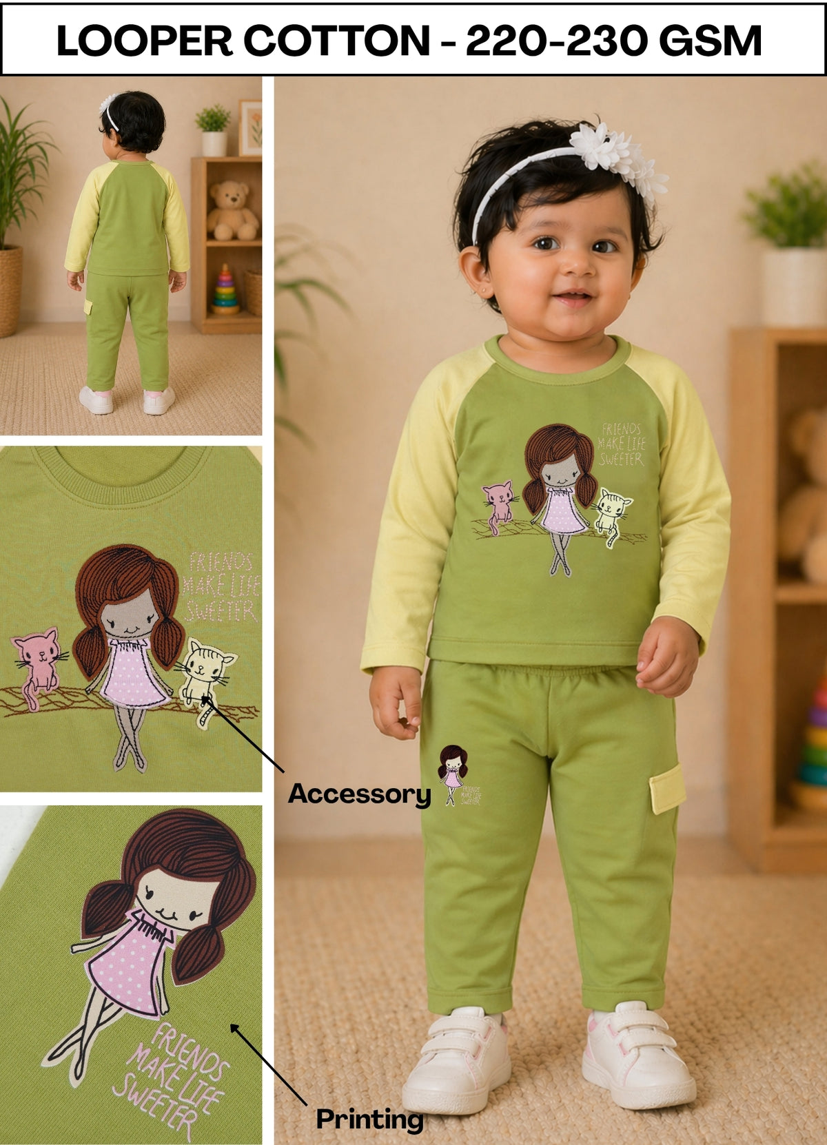 YB - 2502 - Green - Cotton terry 220-230 gsm Biowash Fabric with Doll embroidery work