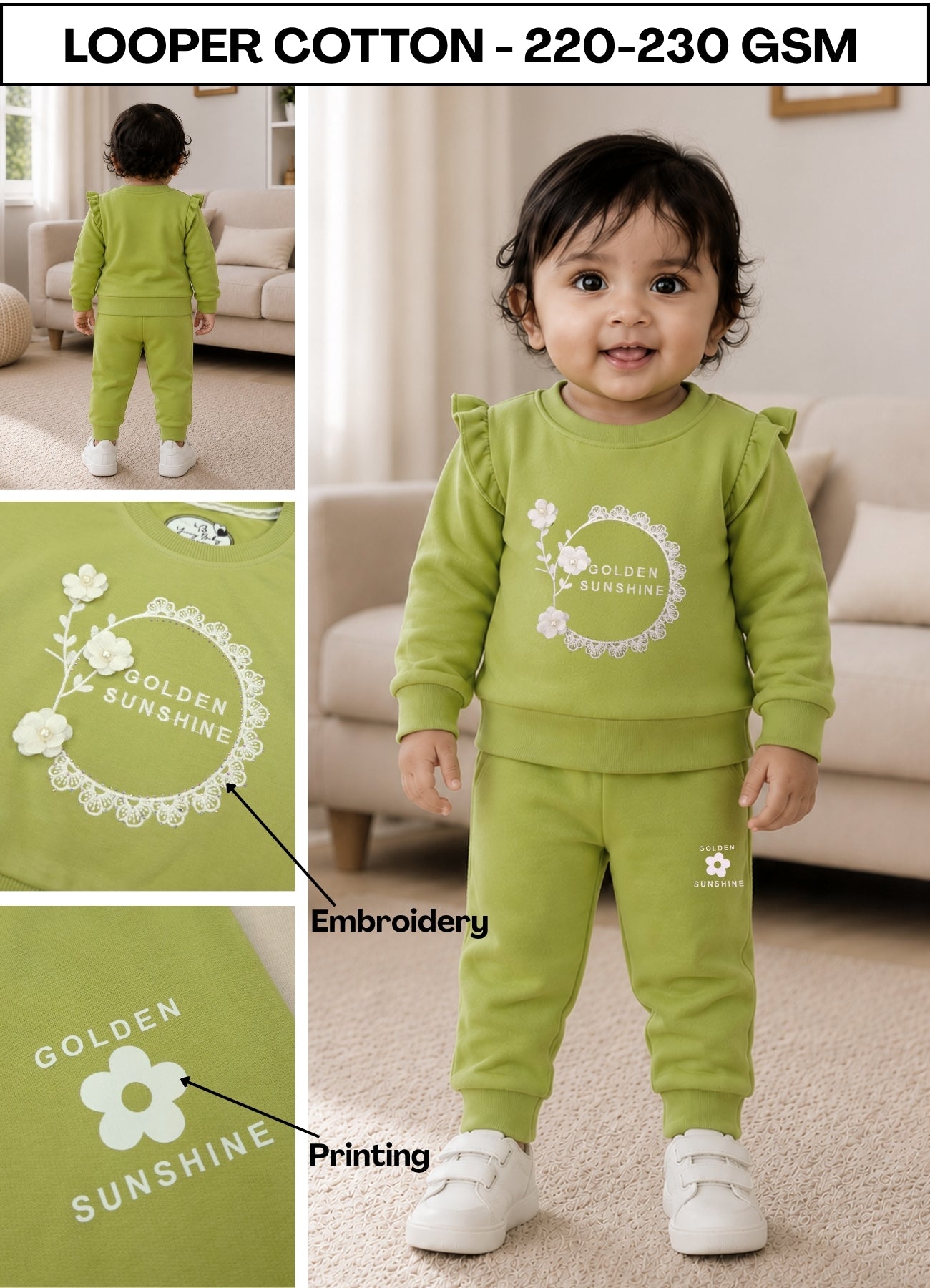 YB - 2505 - Green - Cotton Terry 220-230 gsm Biowash fabric with handwork