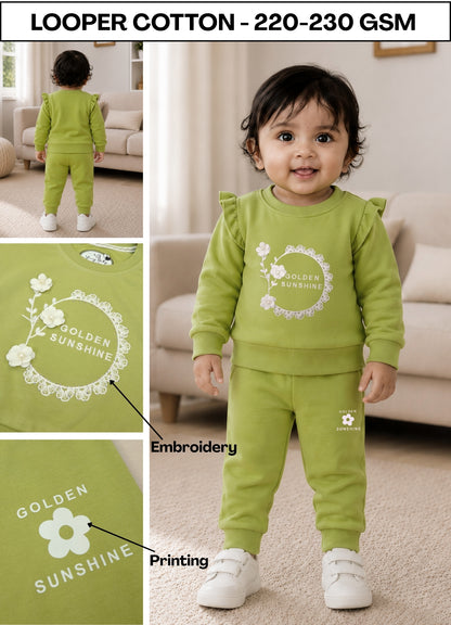 YB - 2505 - Green - Cotton Terry 220-230 gsm Biowash fabric with handwork