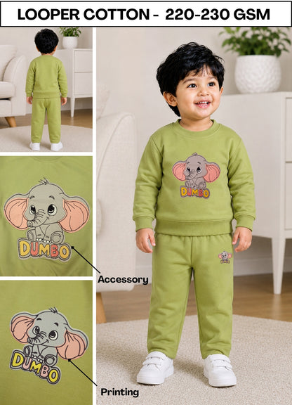 YB - 2500 - Green - Cotton terry 220-230 gsm Biowash Fabric with elephant emb. work