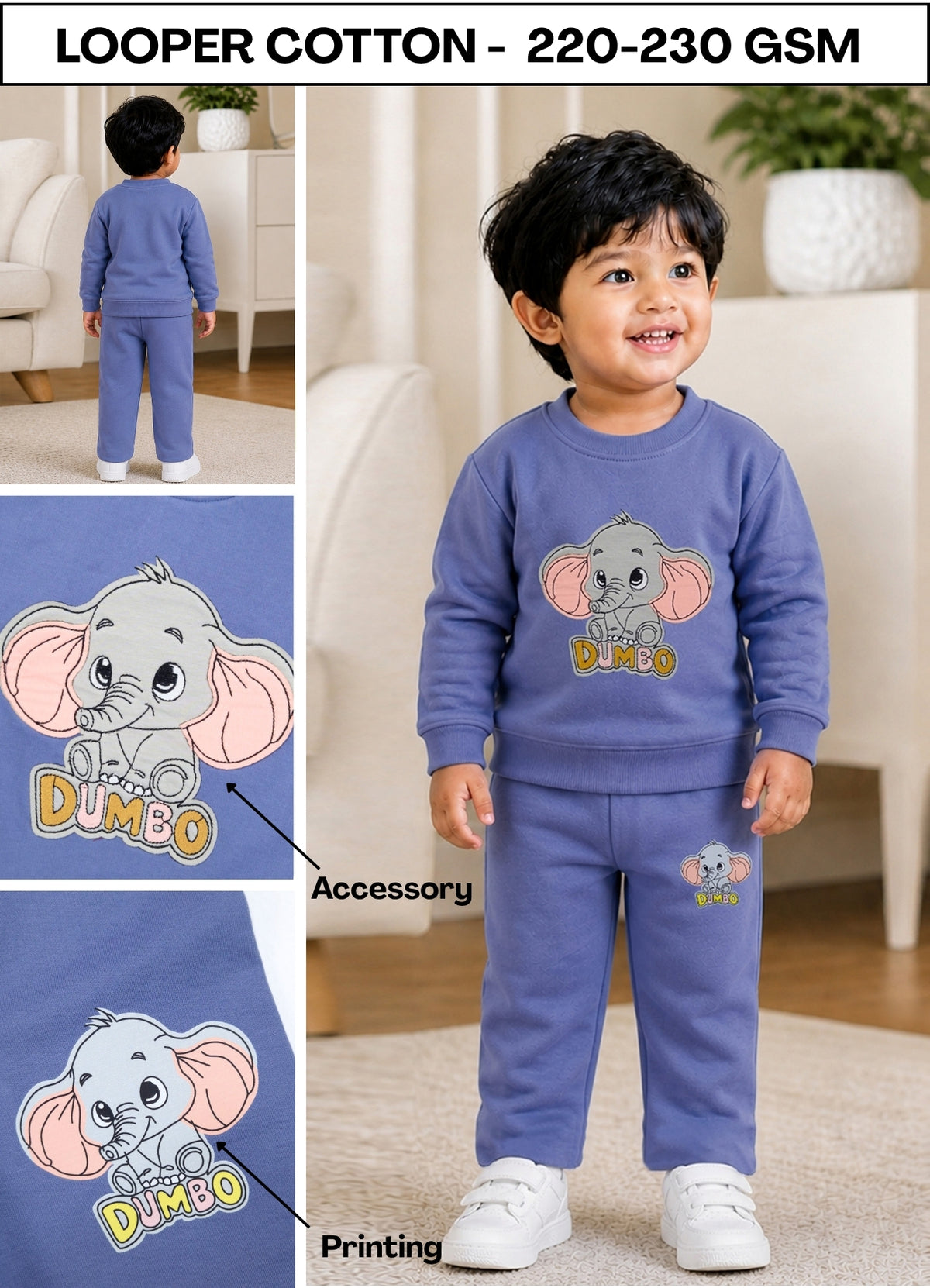 YB - 2500 - Levender - Cotton terry 220-230 gsm Biowash Fabric with elephant emb. work