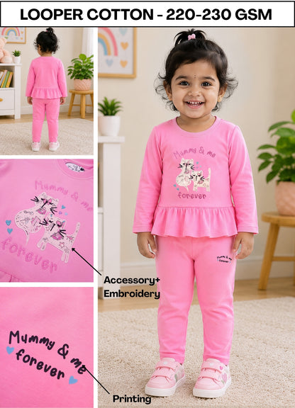 YB - 2506 - Pink - Cotton Terry 220-230 gsm Biowash with print and cat Embroidery