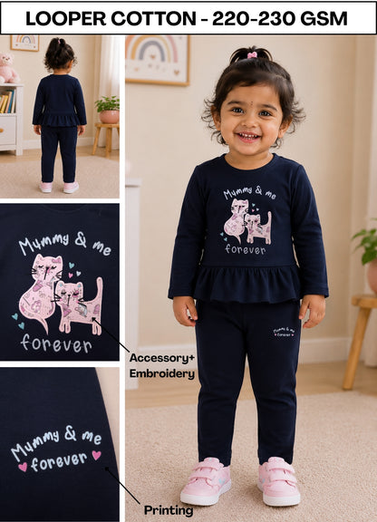 YB - 2506 - Navy Blue - Cotton Terry 220-230 gsm Biowash with print and cat Embroidery