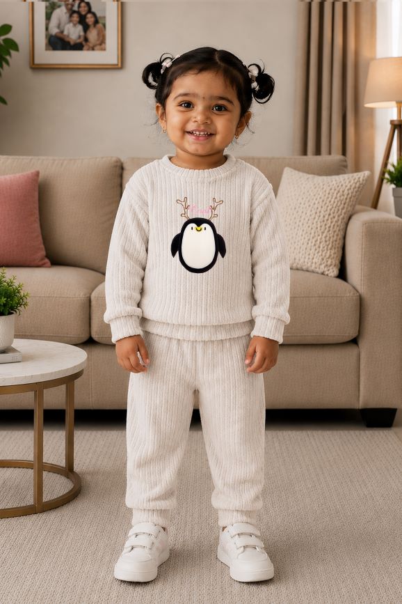 544 - Grey - 🐧 Infant Gray Penguin Embroidered Cozy Set| 320 - 340 GSM  Imported Soft Fabric